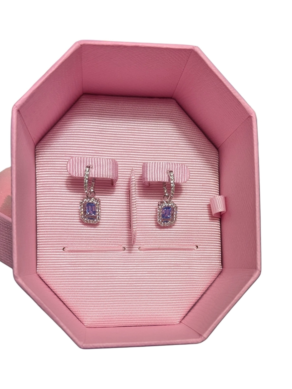 Swarovski Millenia Drop Hoop Earrings Blue Octagon Crystal Silver Tone Box - Picture 2 of 5